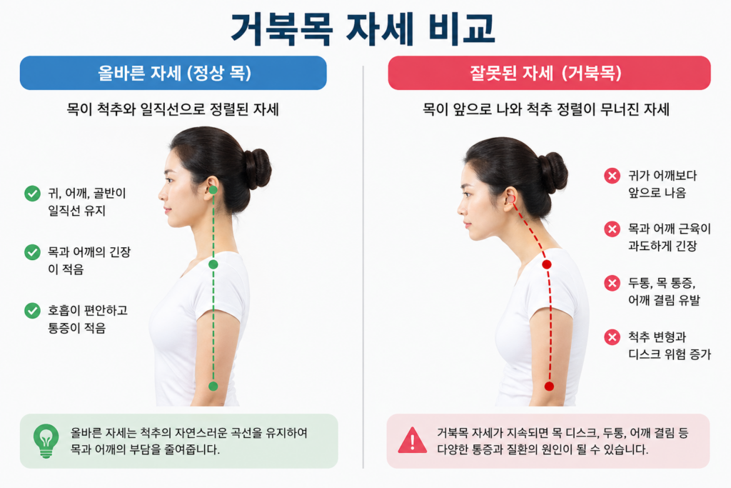 거북목 자세 전후 비교 이미지