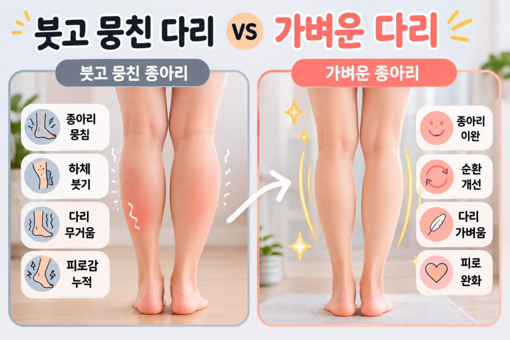붓고 뭉친 다리와 가벼운다리 비교 이미지