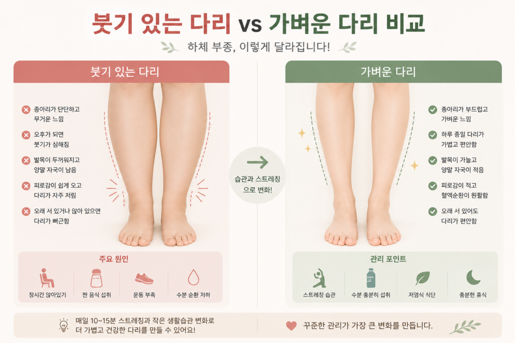 붓기 있는 다리와 가벼운 다리 비교